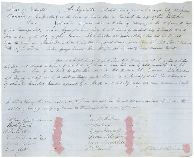 Page from the coroner’s inquest file regarding the death of John Balmer, 1852.