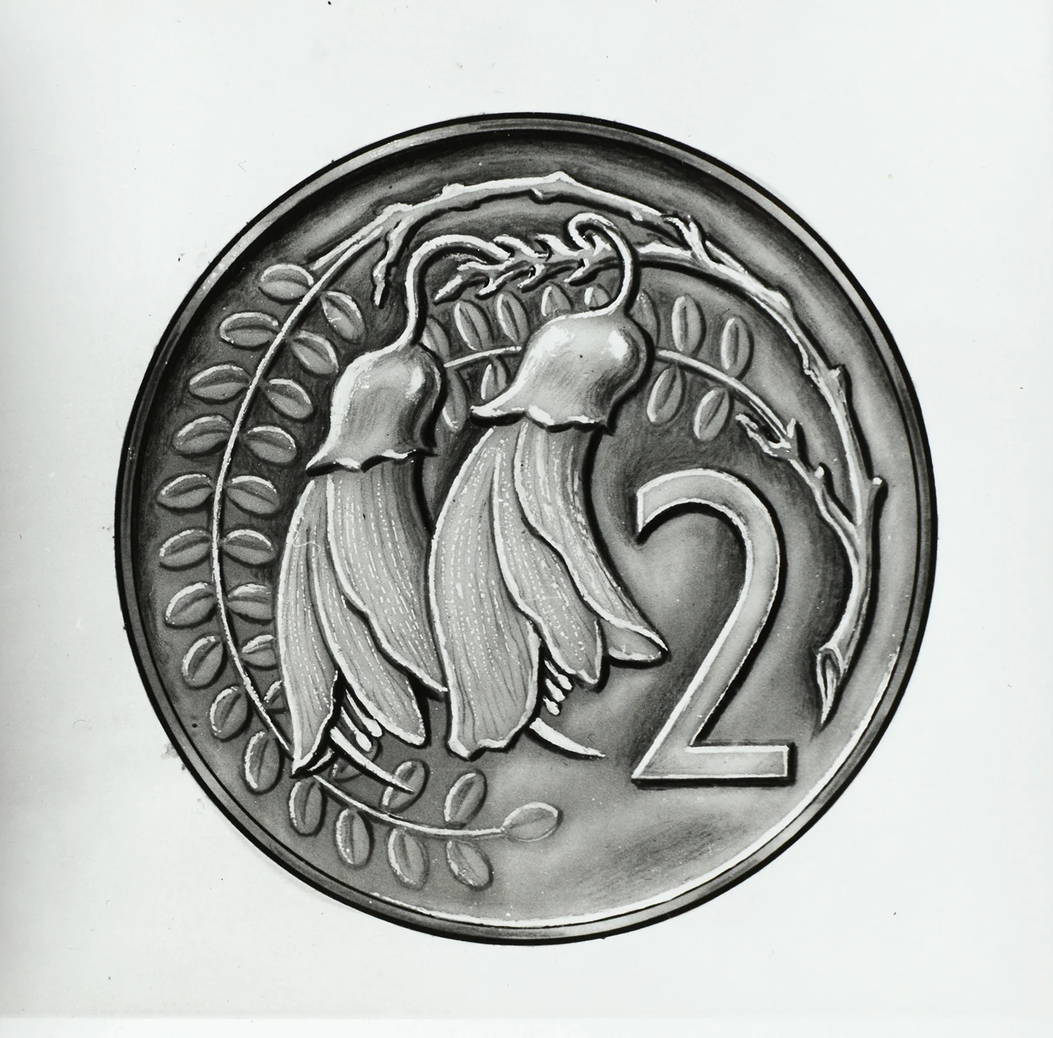 Detailed pencil drawing of kowhai flower and number 2 drawn in a circle