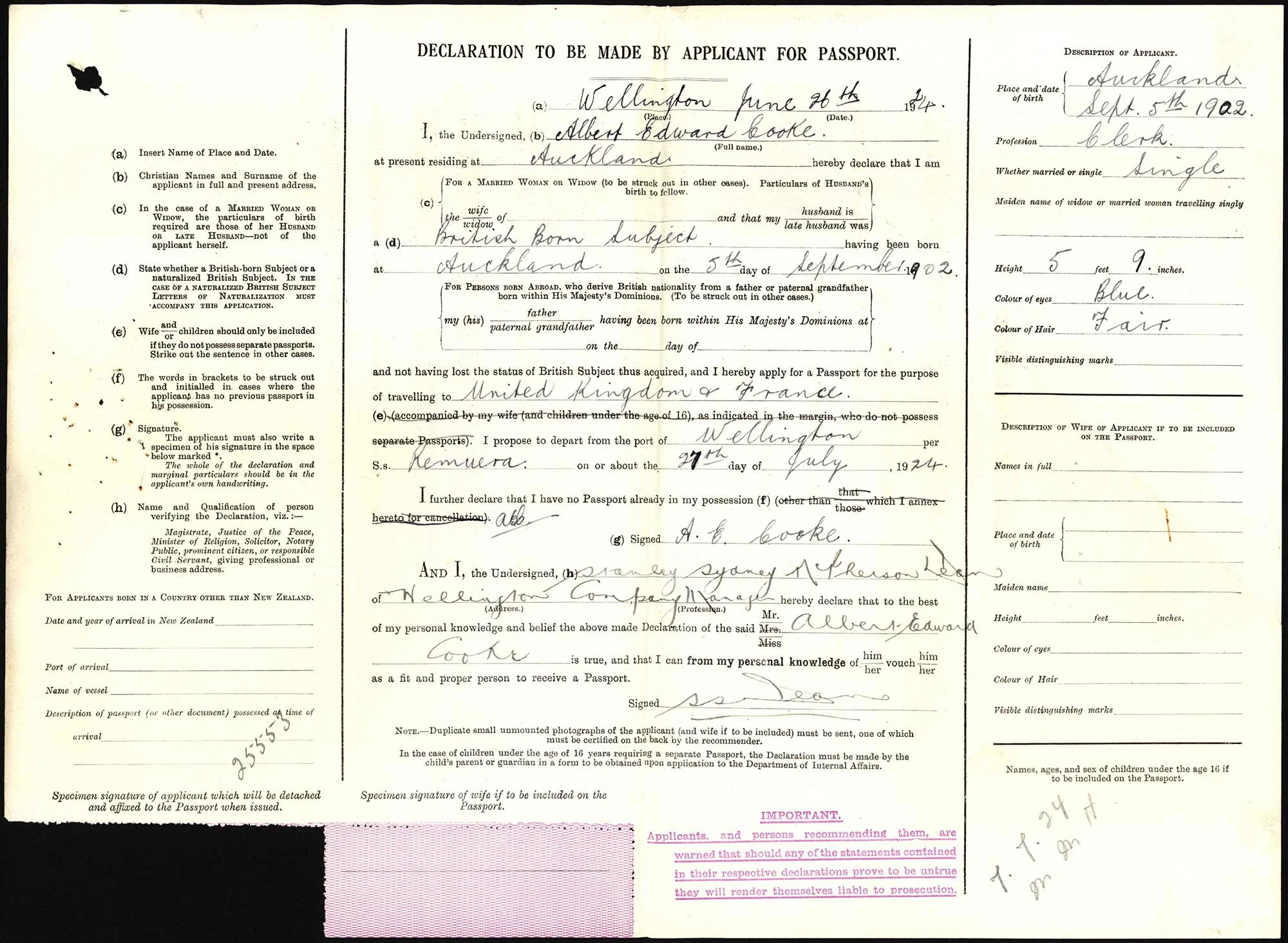 Albert Edward Cooke passport application