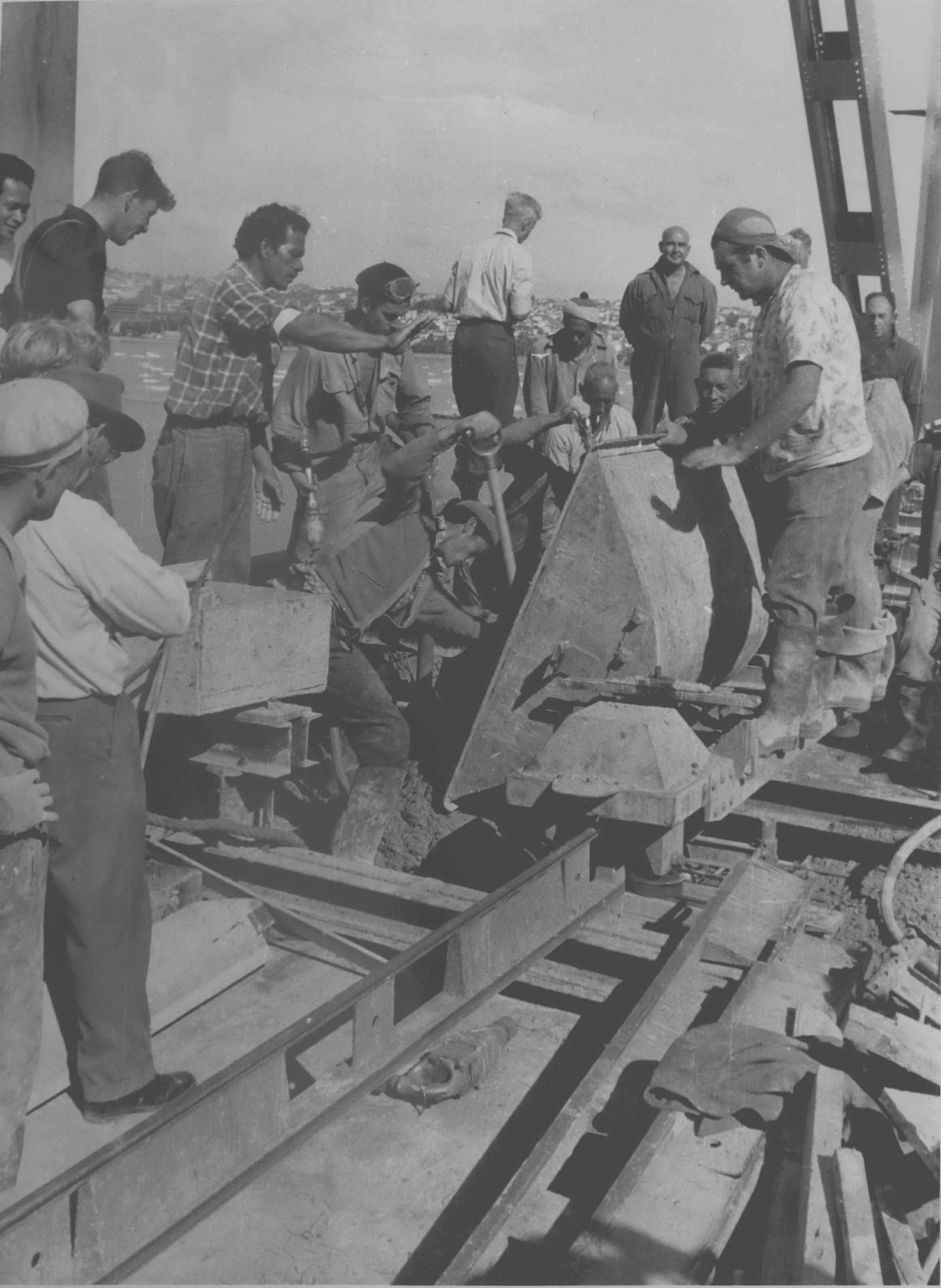 Large group of workers working on Auckland Harbour Bridge
