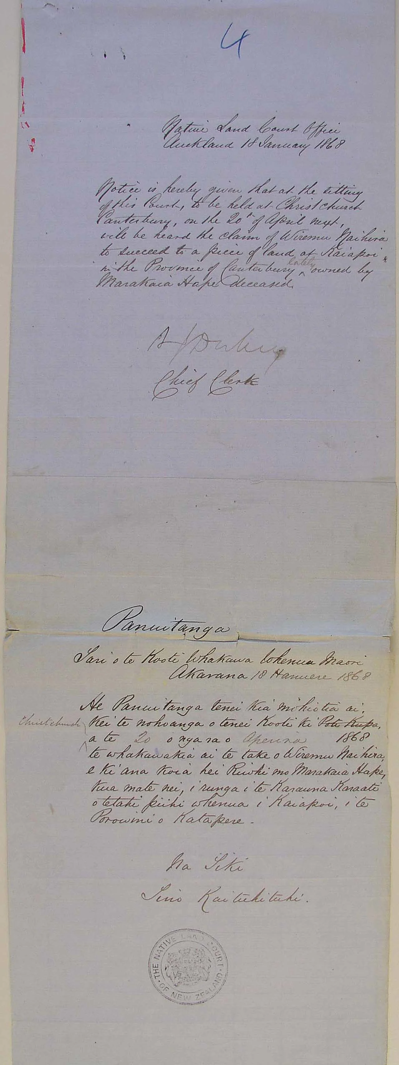 Land claim by Wi Naehira - 1868 - Whole