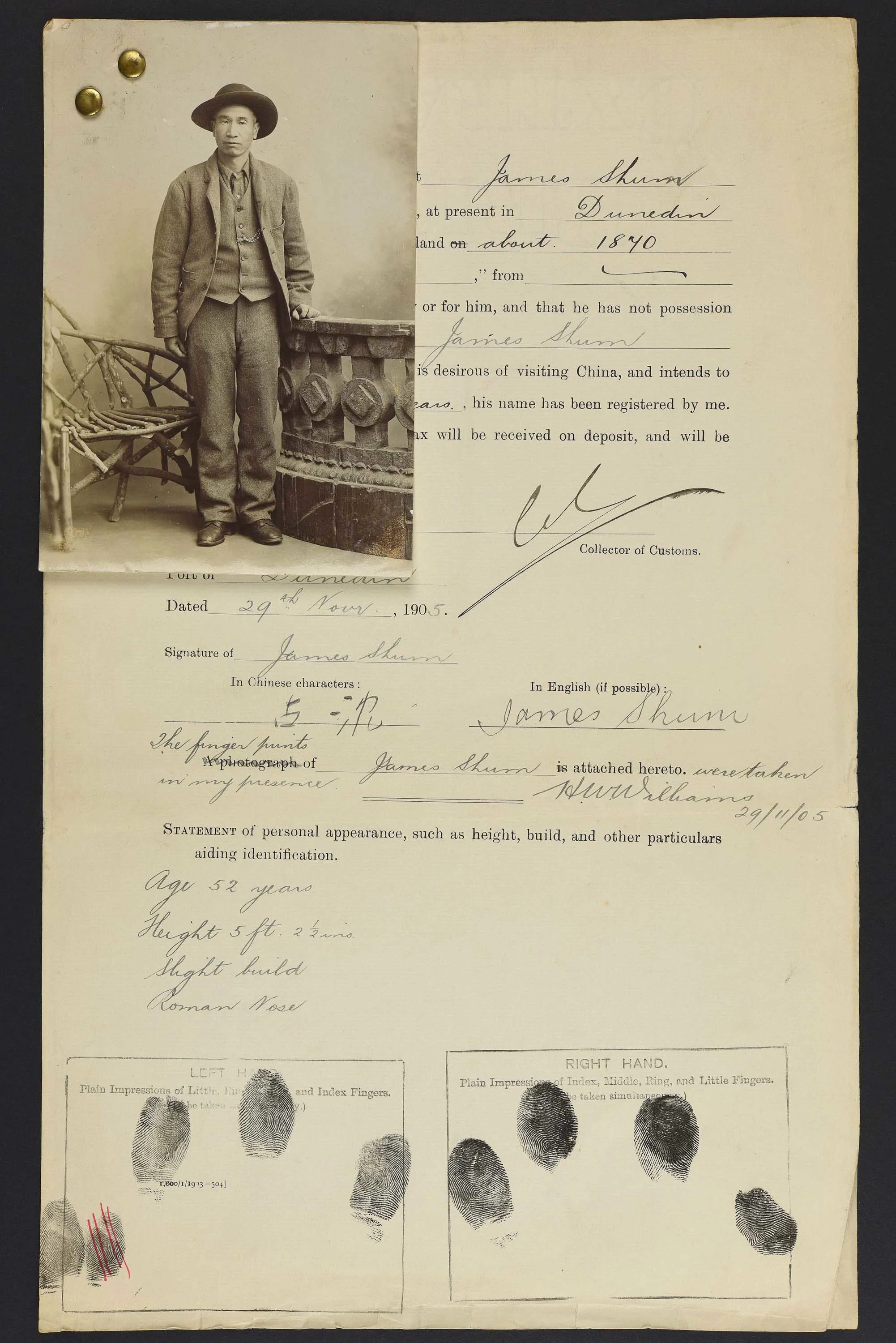 Sepia photo of a standing Chinese man attached to his immigration papers.