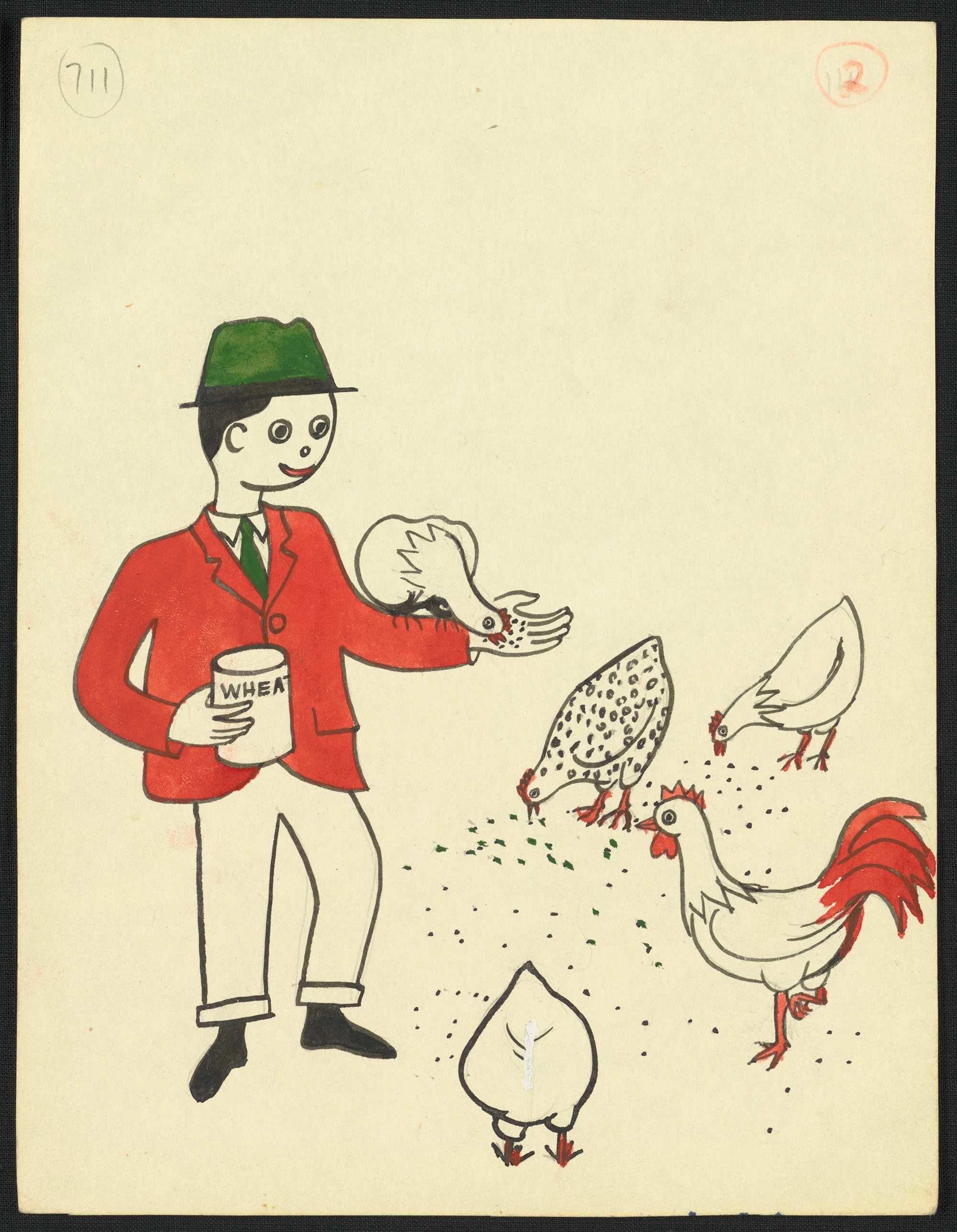 An illustration of a young boy wearing a red jacket and green hat, holding a can of wheat, three hens and a rooster on the left