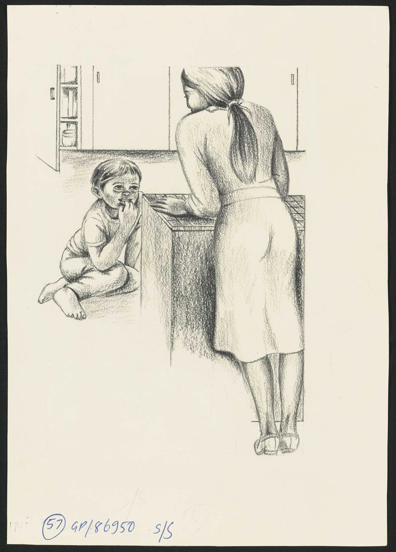 Pencil sketch of a woman with long hair tied at the back, standing in front of a kitchen platform and a boy sitting on the floor smiling at her.  
