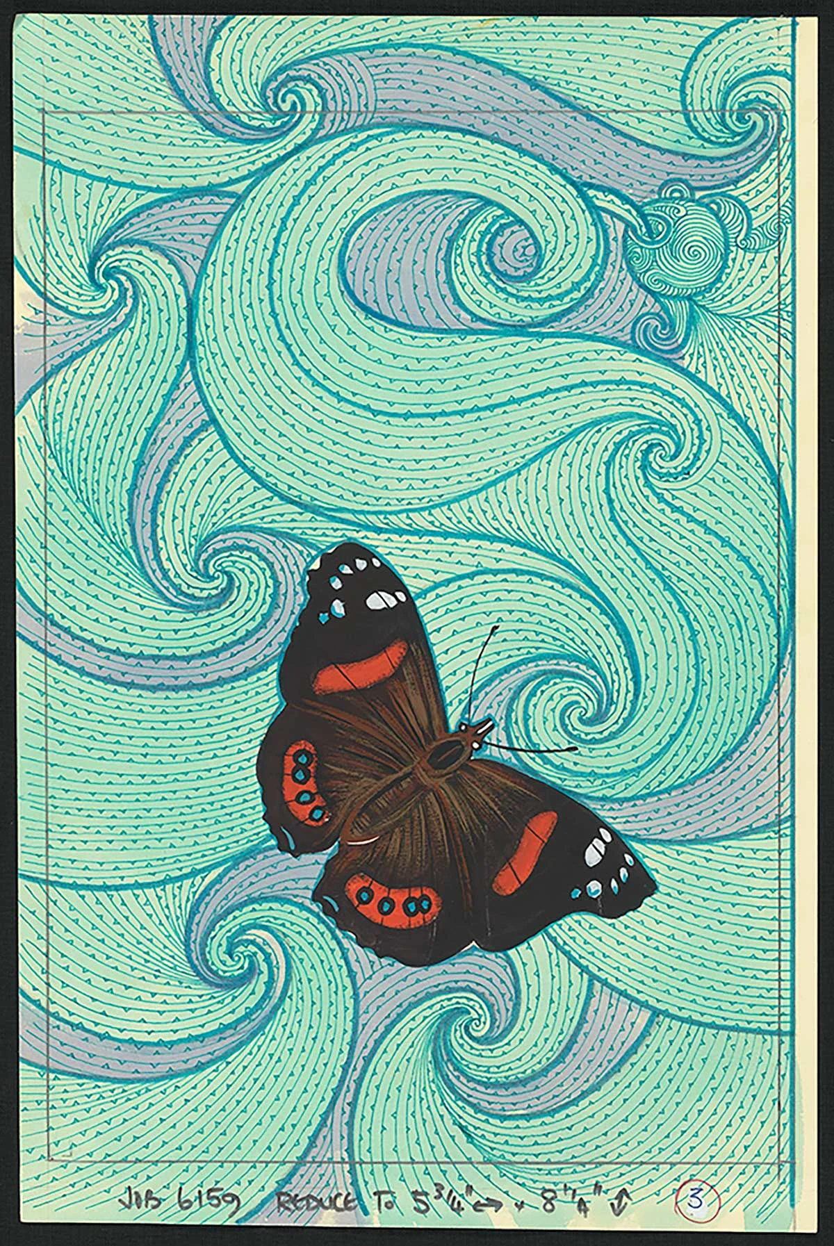 Coloured illustration of a black and orange moth on a background of blue circular patterns
