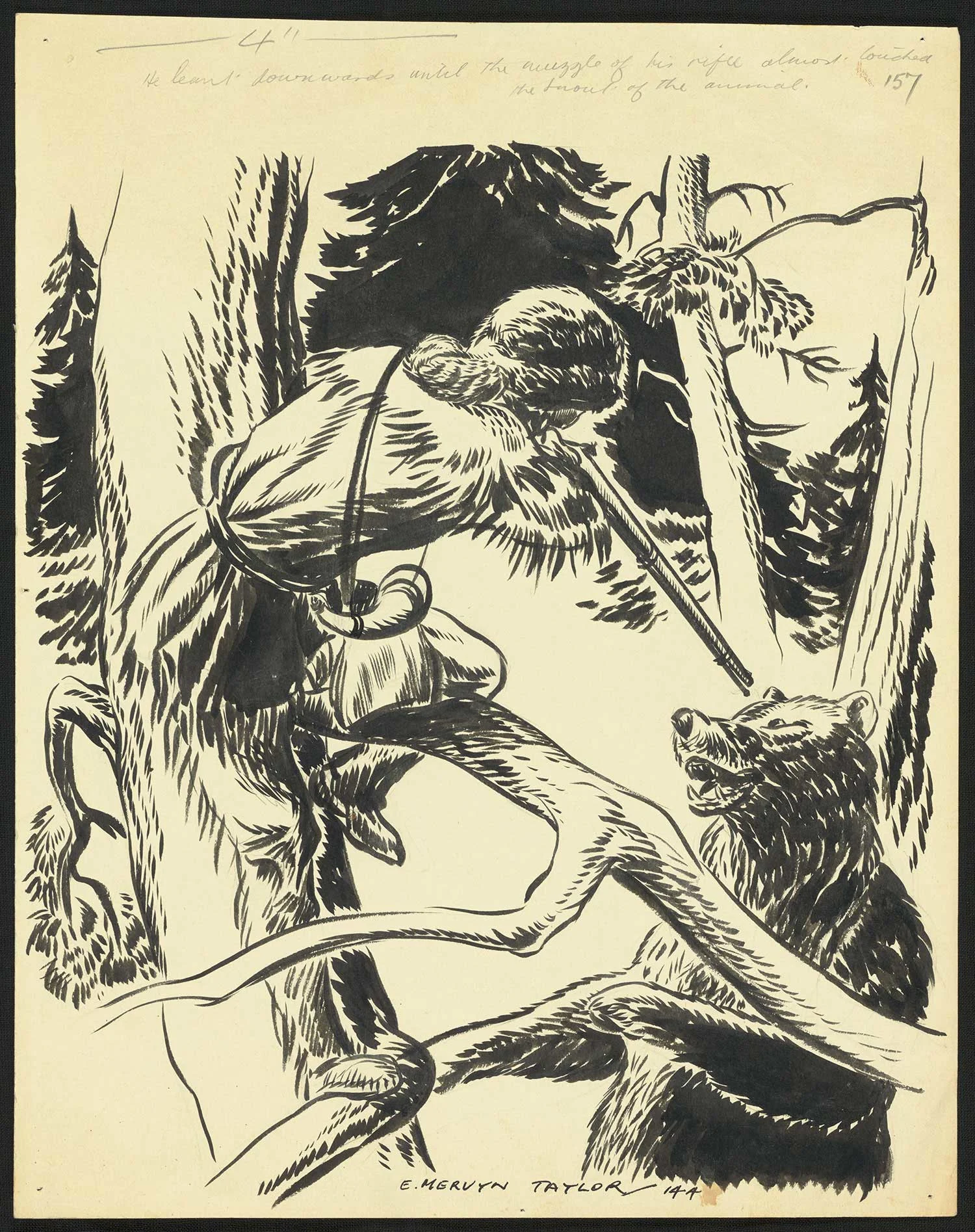 Black print on an old yellowed paper showing a Kiwi bird and a bear on a tree