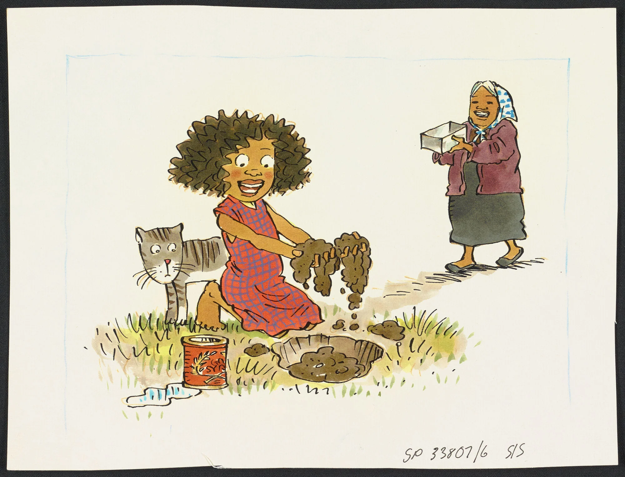 Coloured illustration of a girl with short curly hair wearing a red dress sitting on the ground holding mud in her hands. a cat behind her and an old woman walking towards her
