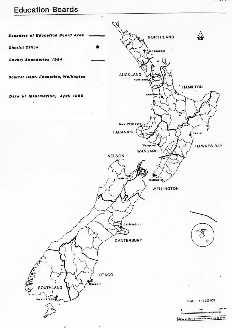 Black and white outline of New Zealand showing Education Board boundaries