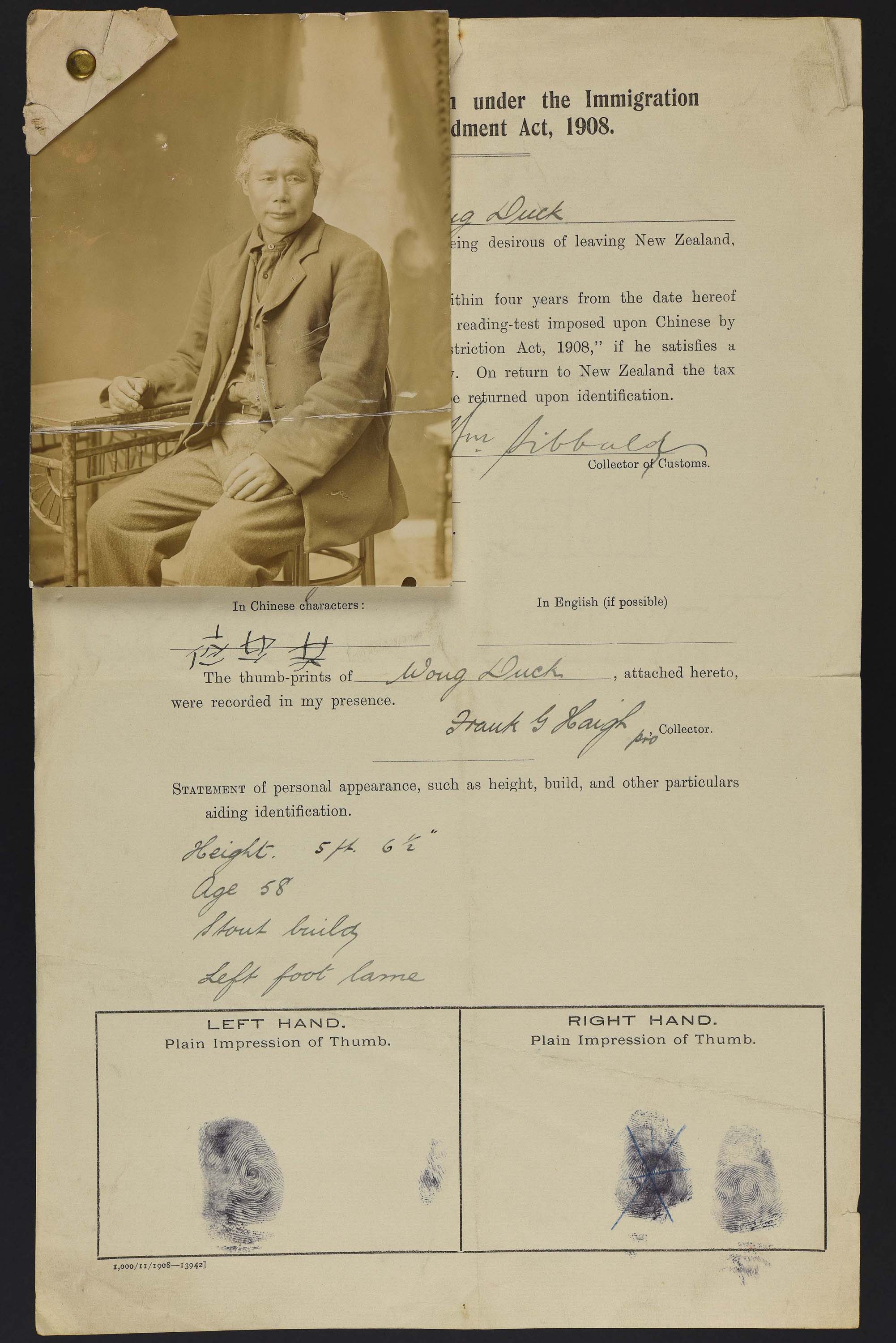 Sepia photo of a seated Chinese man attached to his immigration record.
