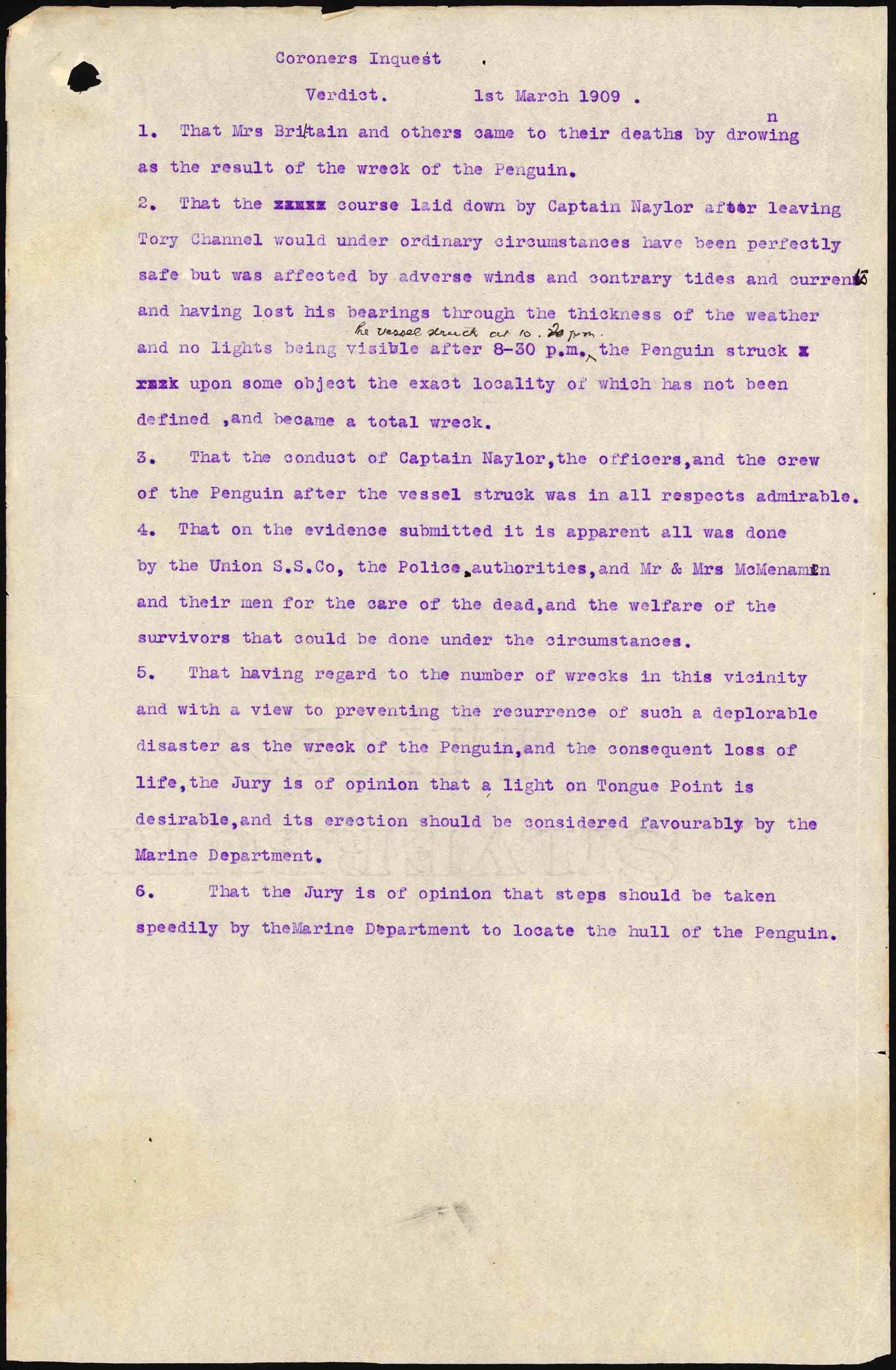 Coroner's verdict for 59 of those lost in the SS Penguin disaster