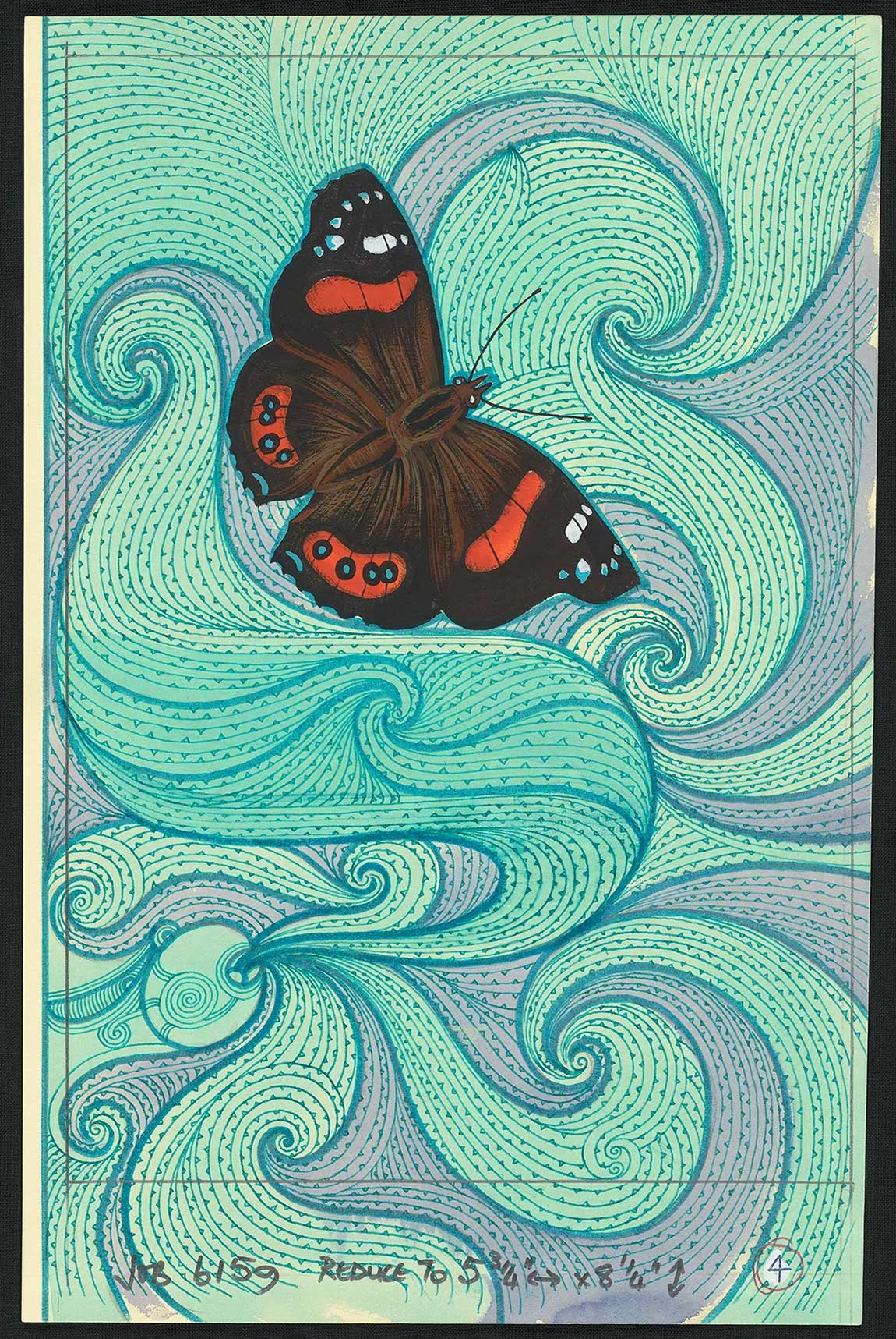 Coloured illustration of a black and orange moth on a background of blue circular patterns