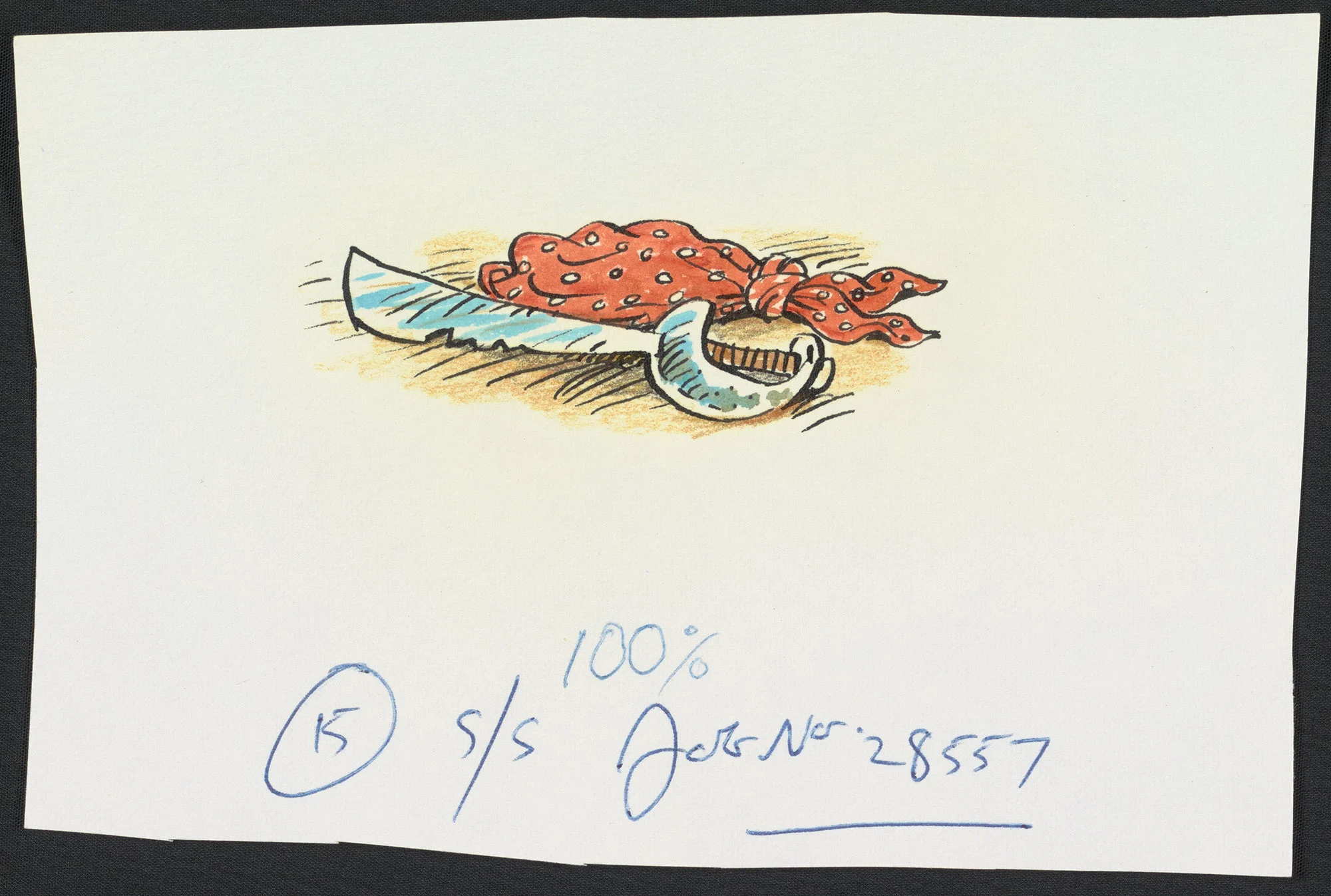 Coloured illustration of a sword and a red scarf with white dots