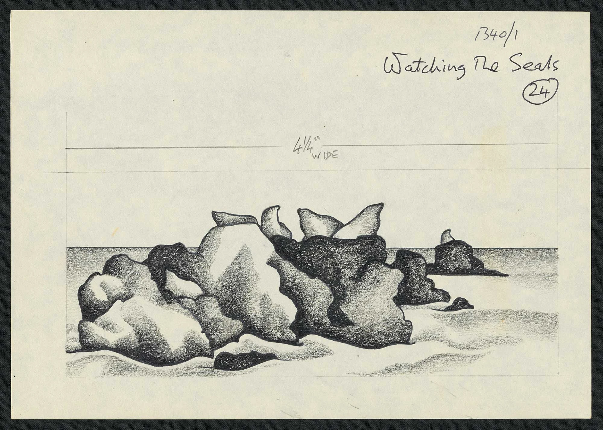 Black and white illustration of rocks on the shore and some text written on the top