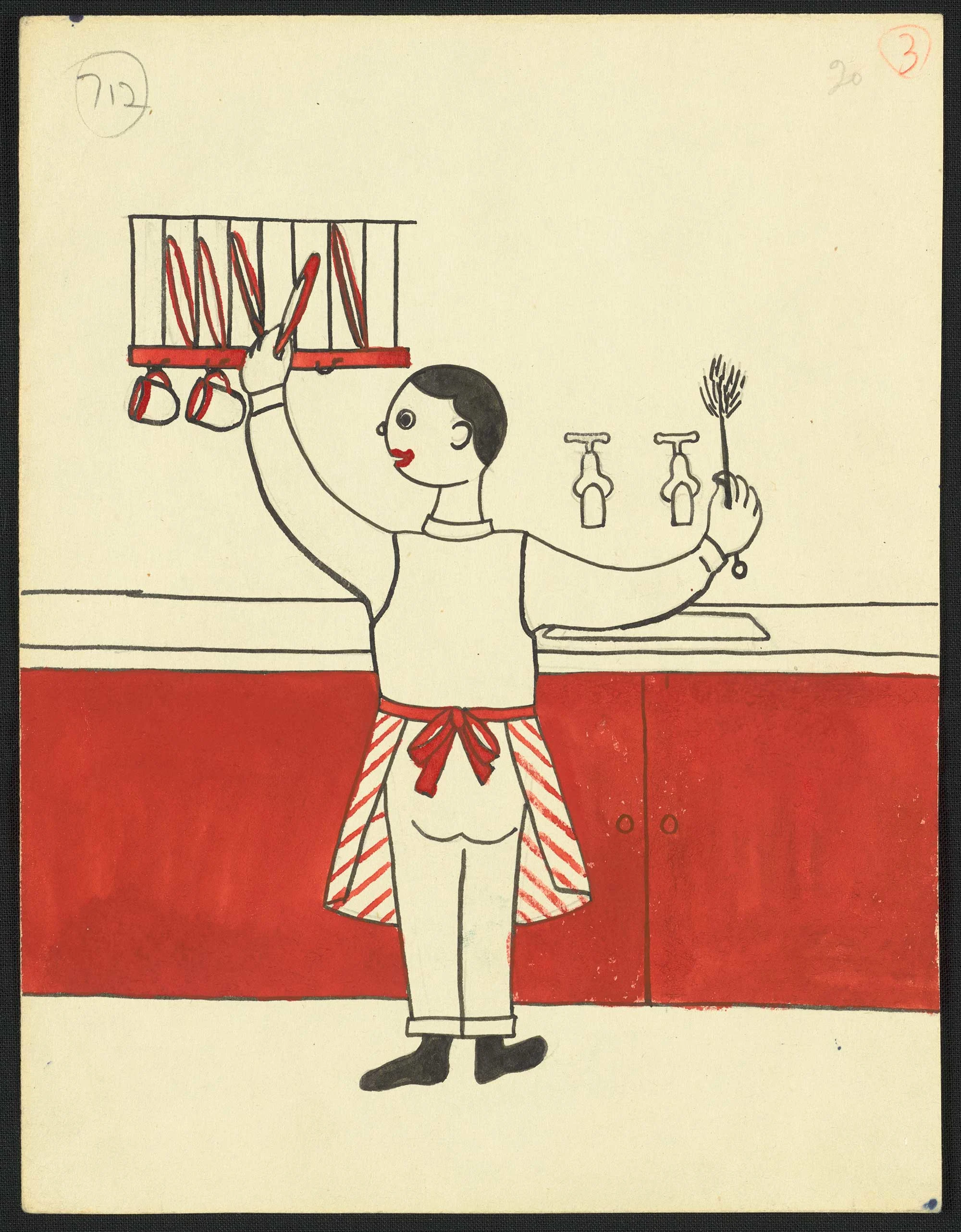 An illustration of a young boy standing in front of a kitchen sink, wearing a red apron and black shoes. He's holding a plate in his left hand and a brush in his right hand.