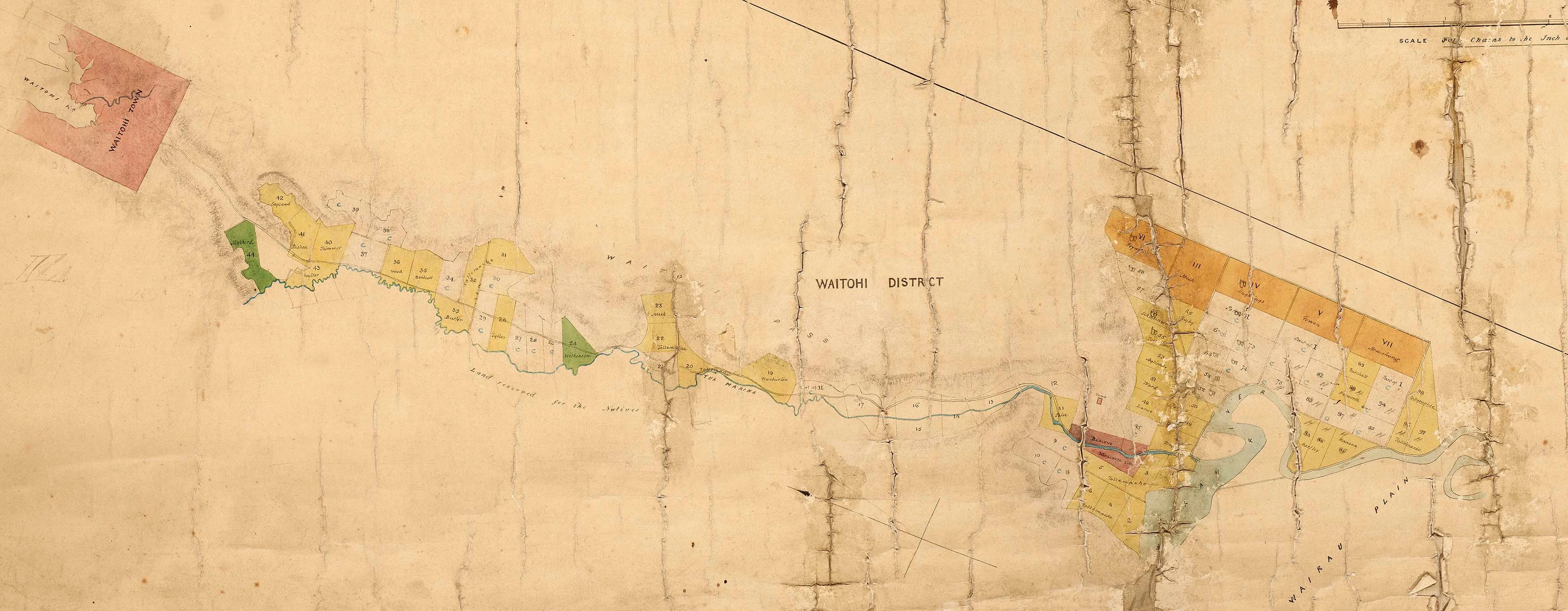 Portion of hand drawn map showing sections, mountain range and a river