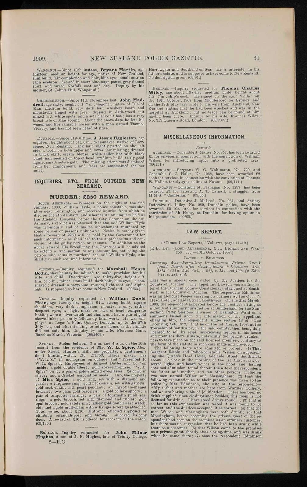 A page with 2 columns of text including headings such as ‘Inquiries, etc. from outside New Zealand’ and ‘Law report’.