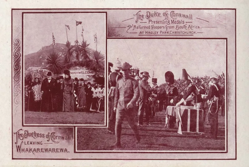 Red tinged card with two images "The Duke of Cornwall presenting medals to return troopers from South Africa at Hagley Park, Christchurch" and "The Duchess of Cornwall leaving Whakarewarewa"