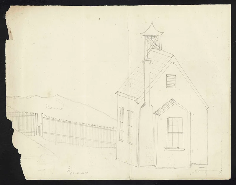 Line drawing of a small building with a chimney and bell-tower with a short fence on the left, on yellowed paper that is torn at the edges.