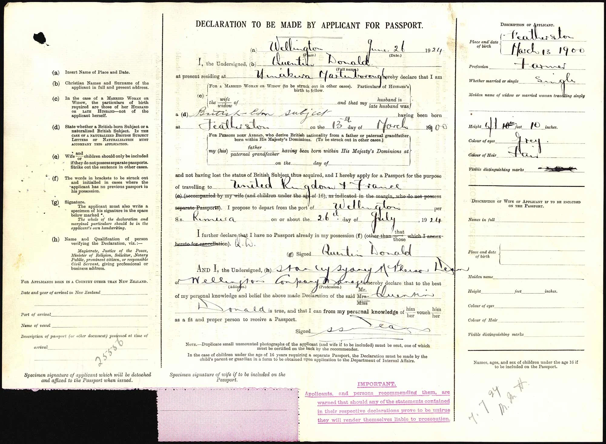 Quentin Donald passport application