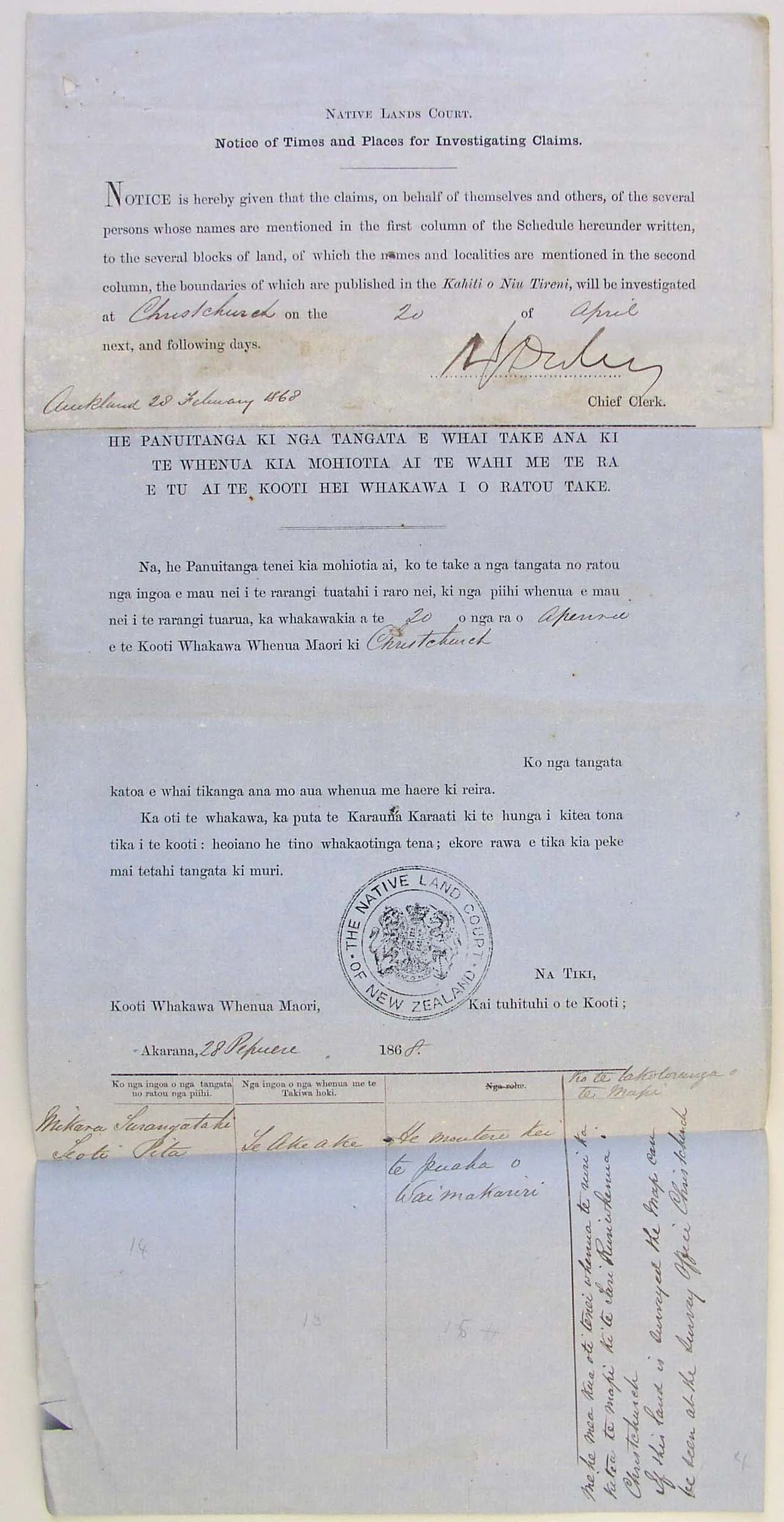 Land Claim for Akeake Island (written in English and Maori) - 1868