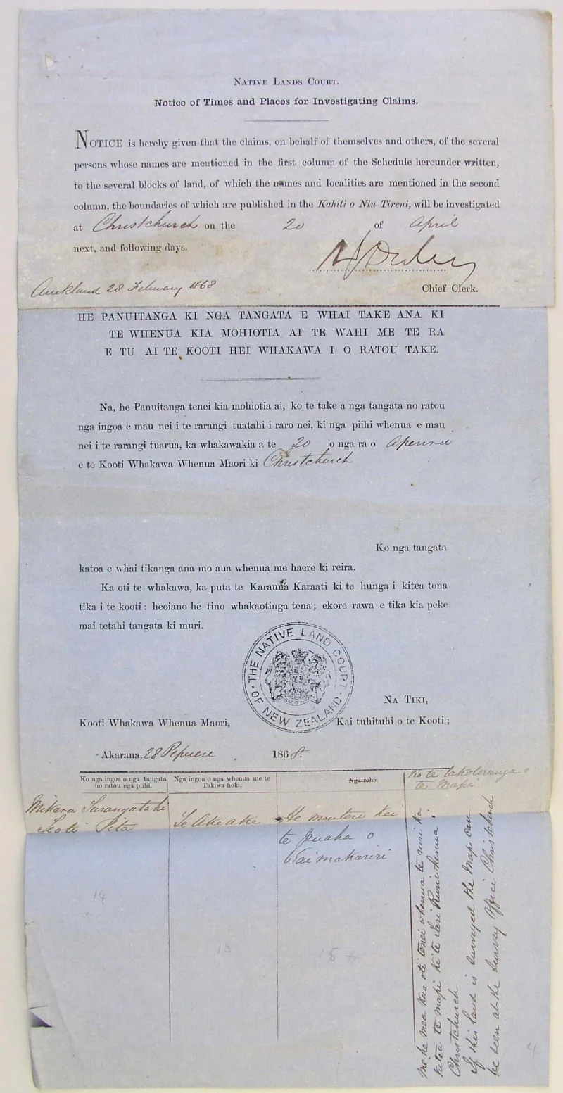 Land Claim for Akeake Island (written in English and Maori) - 1868