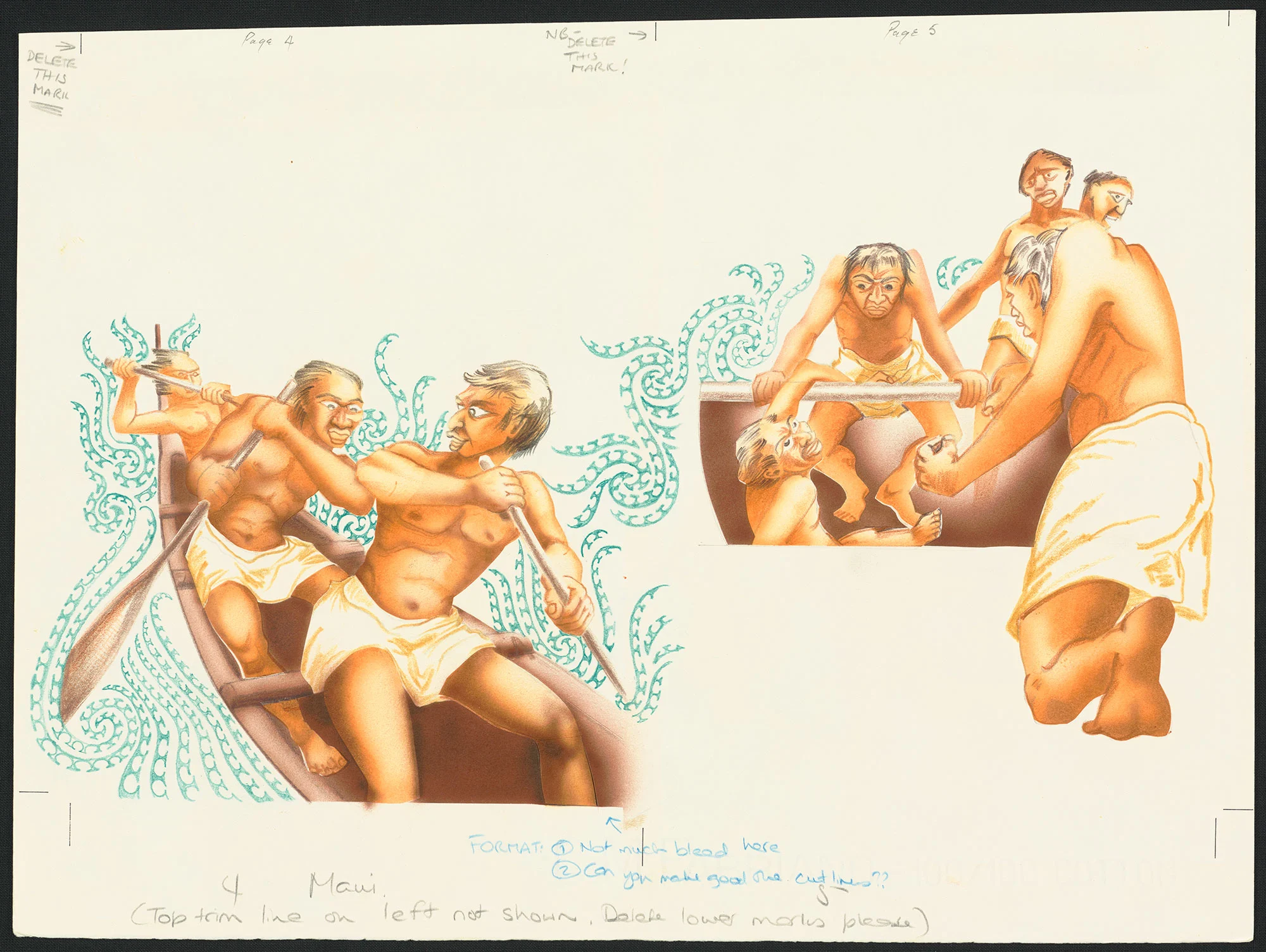 Coloured illustration of group of Māori men in a boat with blue circular patterns in the background