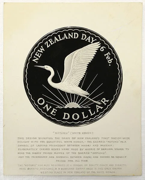 Pencil drawing of a flying bird drawn in a circle, with sun rays on a black the background and words New Zealand  6 Feb written on the top. Words One dollar written at the bottom