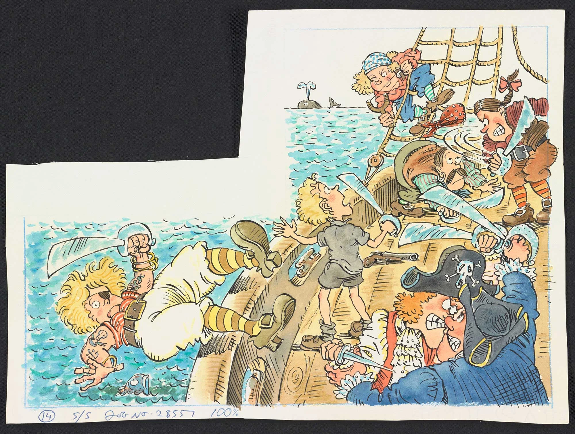 Coloured illustration of a group of people onboard a ship holding swords in their hands and fighting.