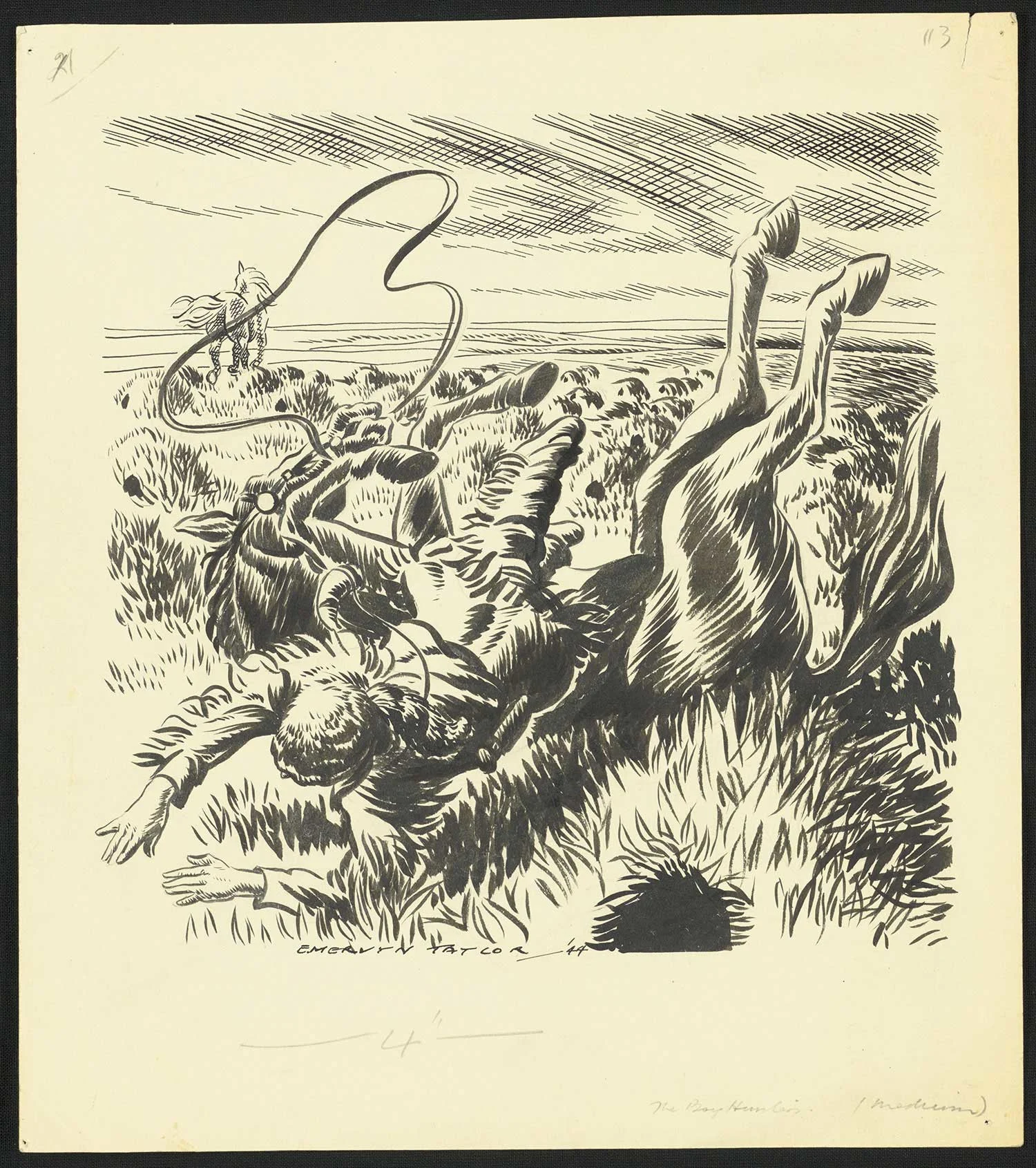 Black print on an old yellowed paper showing a boy falling down from a horse in a field
