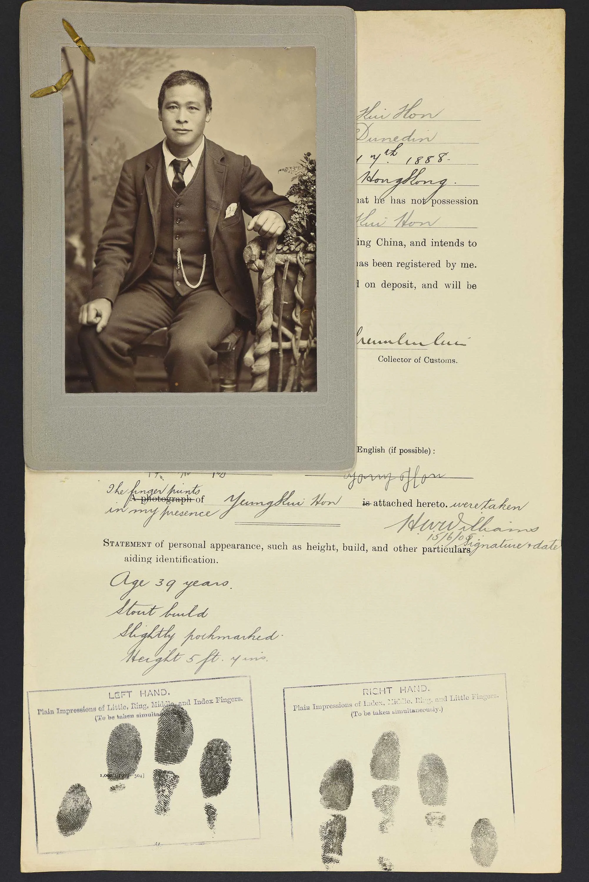 Sepia photo portrait of a seated Chinese man attached to his immigration papers.