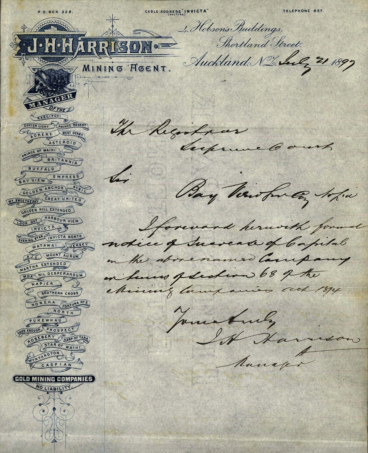 Handwritten registration file with branded letterhead