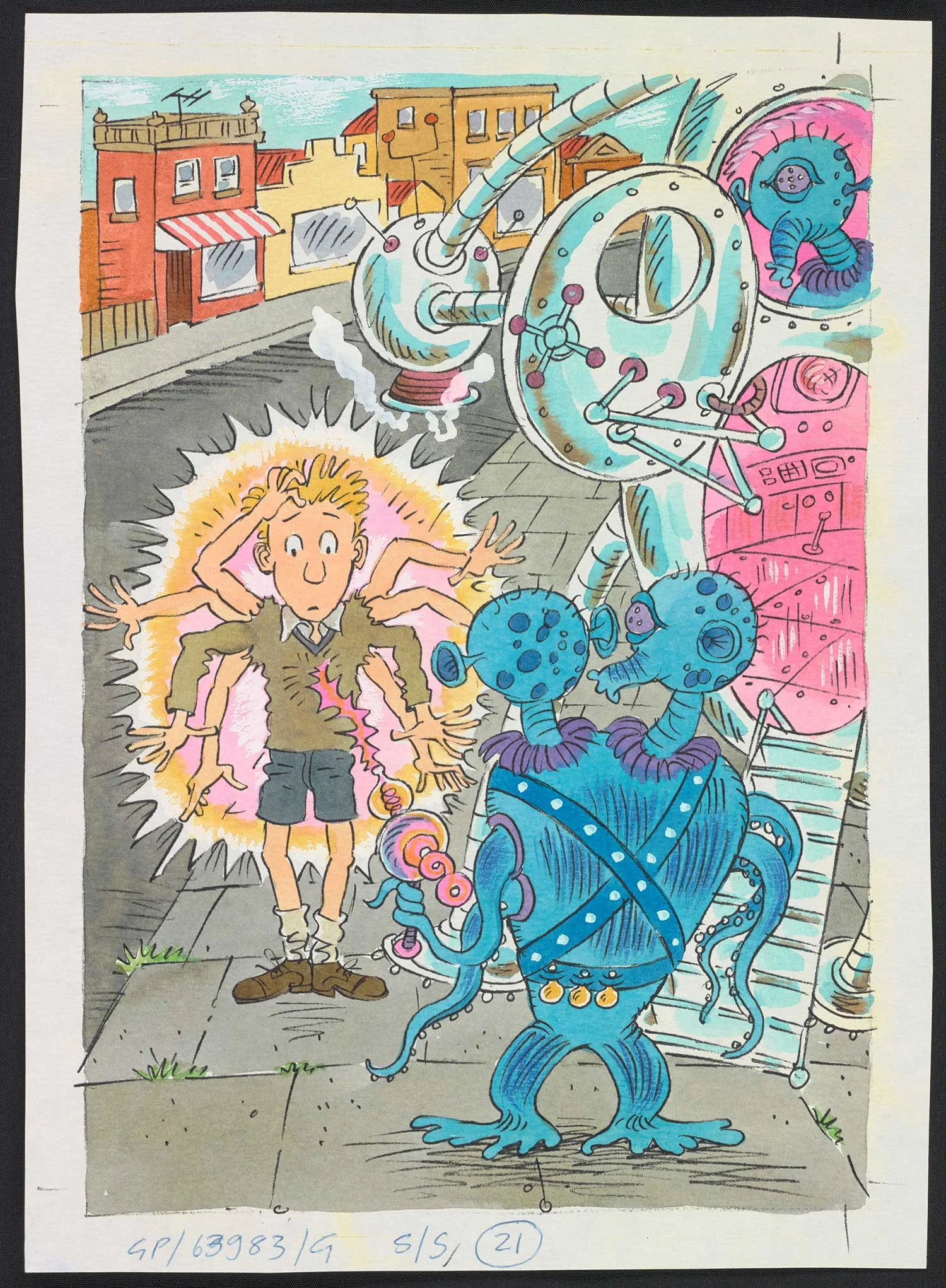 Coloured illustration of a boy and some alien creatures