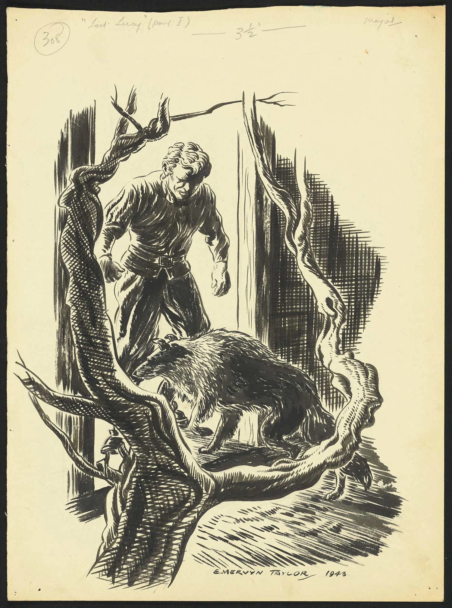 Black print on an old yellowed paper showing a man standing in a door of a house, an animal entering the house.