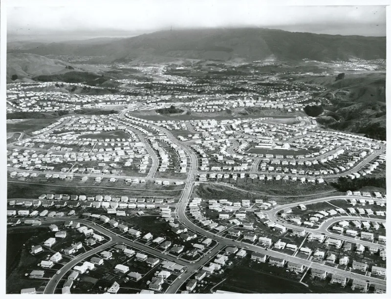 black and white aerial view of a subdivision