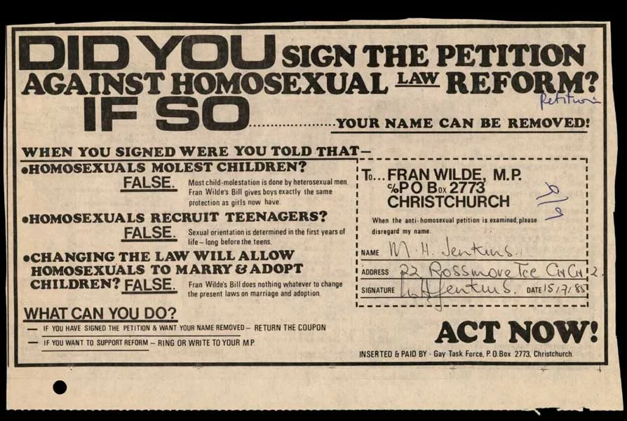Coupon from Gay Task Force urging people who had signed the petition against homosexual law reform to remove their name