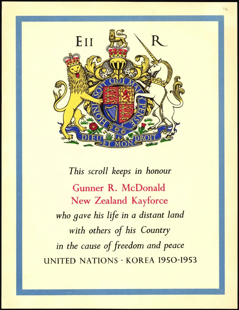 Image of a commemorative scroll with the Royal Coat of arms, some text and a blue border