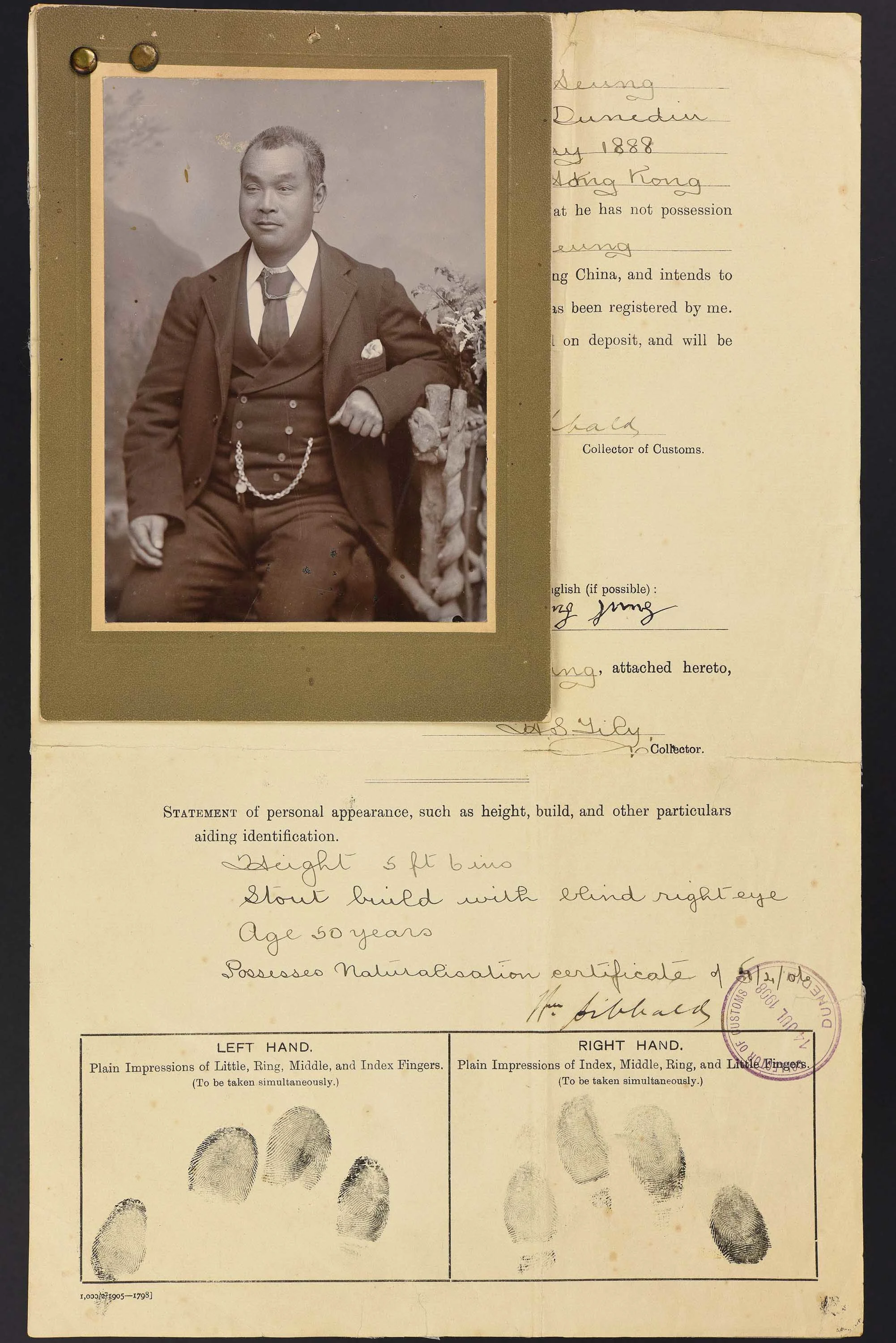 Black and white photo of a seated Chinese man attached to his immigration record.