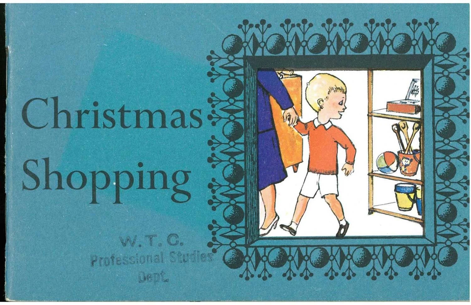 Coloured illustration of a young boy wearing a red shirt and walking, holding his mother's hand, on a blue background with words written on the left 'Christmas shopping'. 