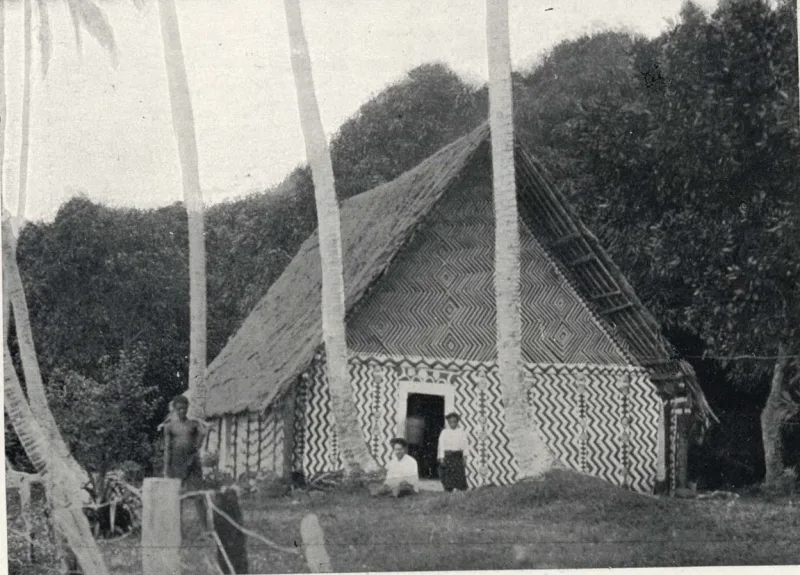 Black and white photo of a traditional house in Fiji