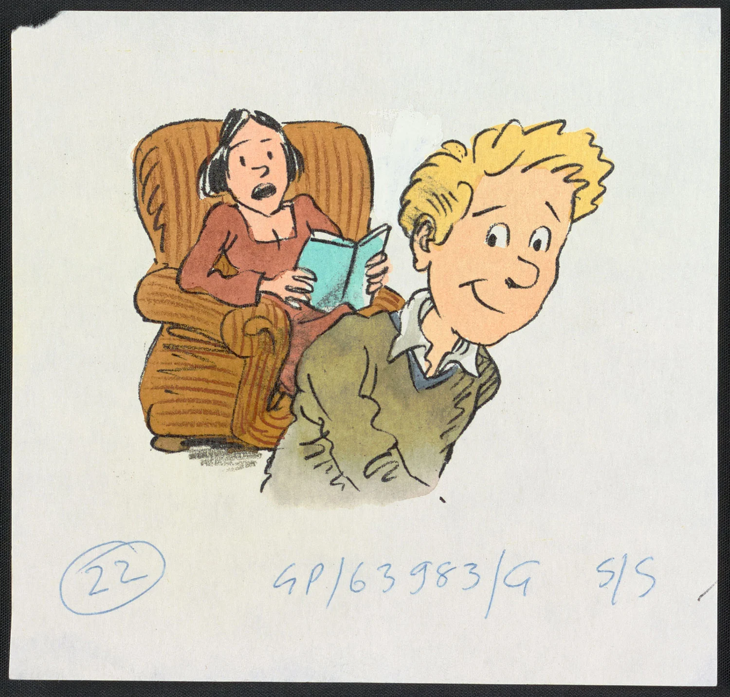 Coloured illustration of a woman sitting on a brown armchair holding a book and a boy smiling walking away from her