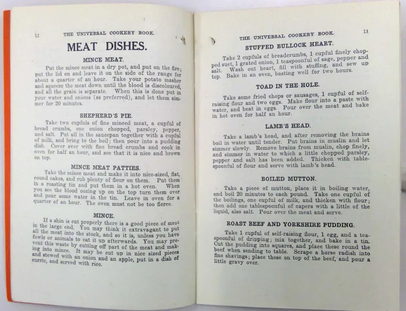 Double page spread from 'The Universal Cookery Book'. Shown are recipes for various meat dishes.