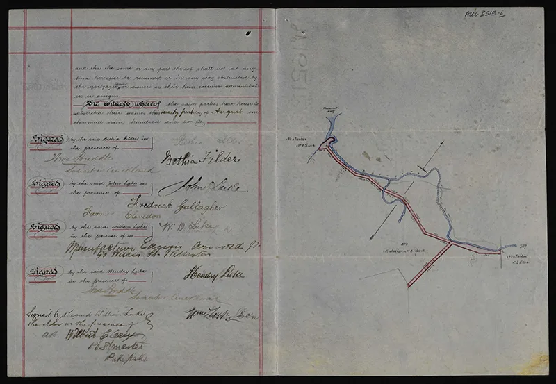 Double-page from 18th-century document, covered in cursive handwriting and hand drawn map