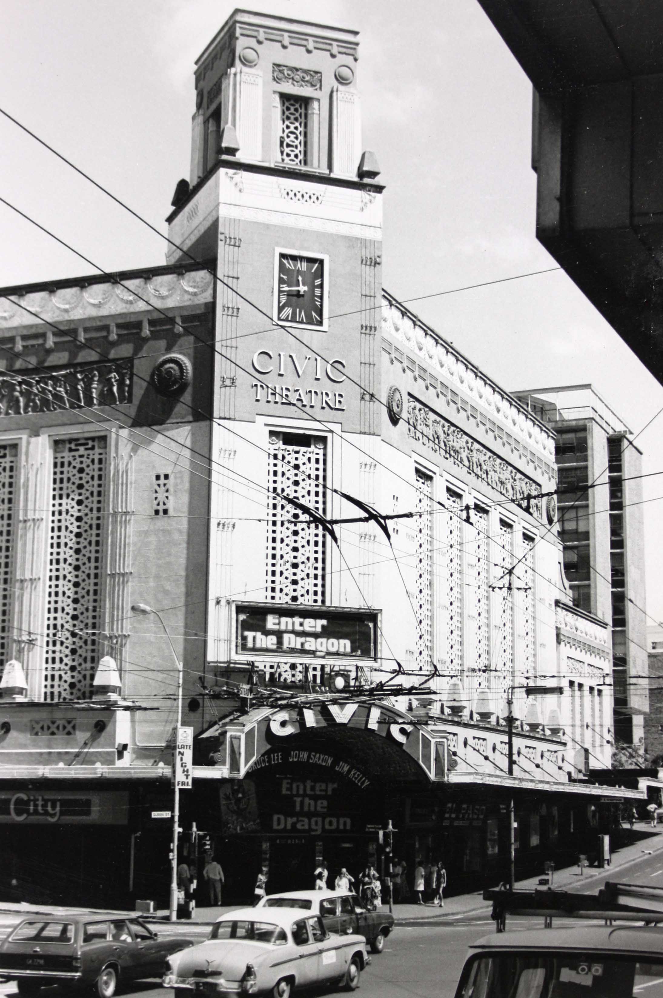 Black and white photo of the Civic Theatre from the street