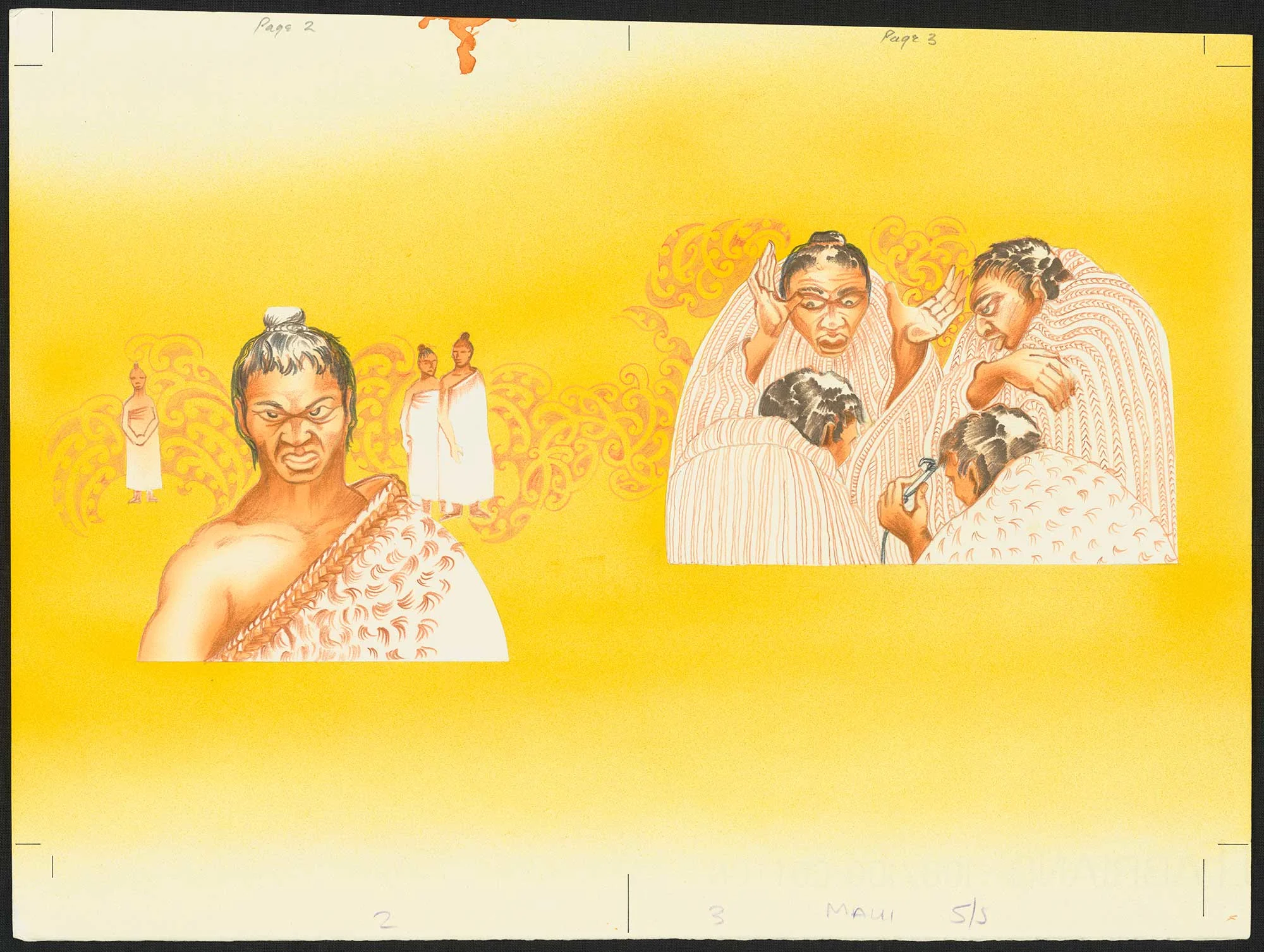 Coloured illustration of Māori men and women on a yellow background and circular patterns