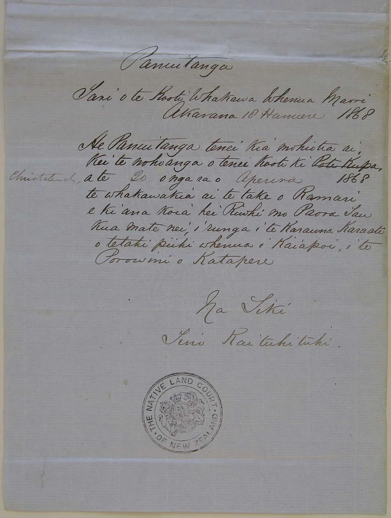 Land claim by Paora Tau - 1868 - Bottom