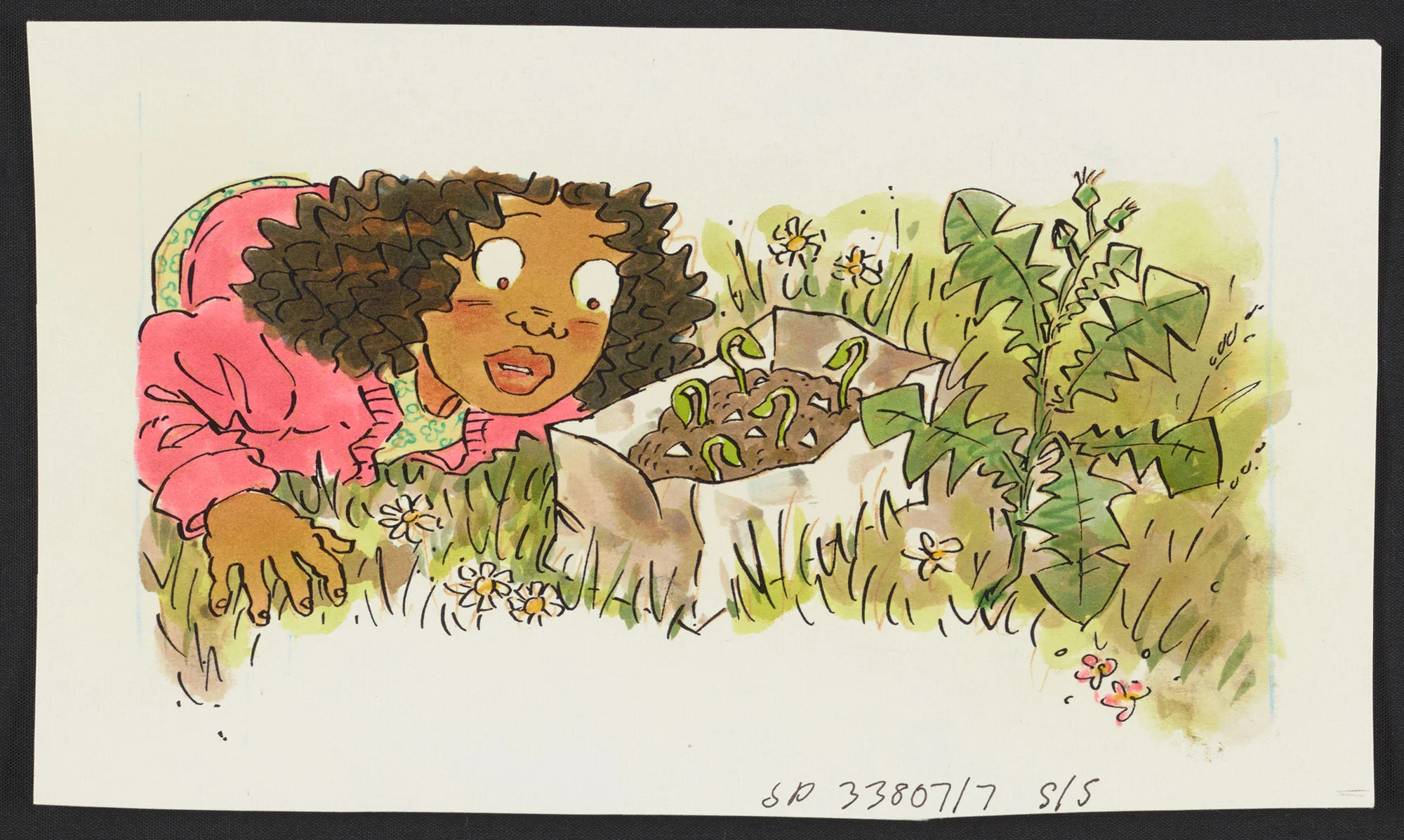 Coloured illustration of a girl with short curly hair bending near a paper box that has soil and some green seedlings