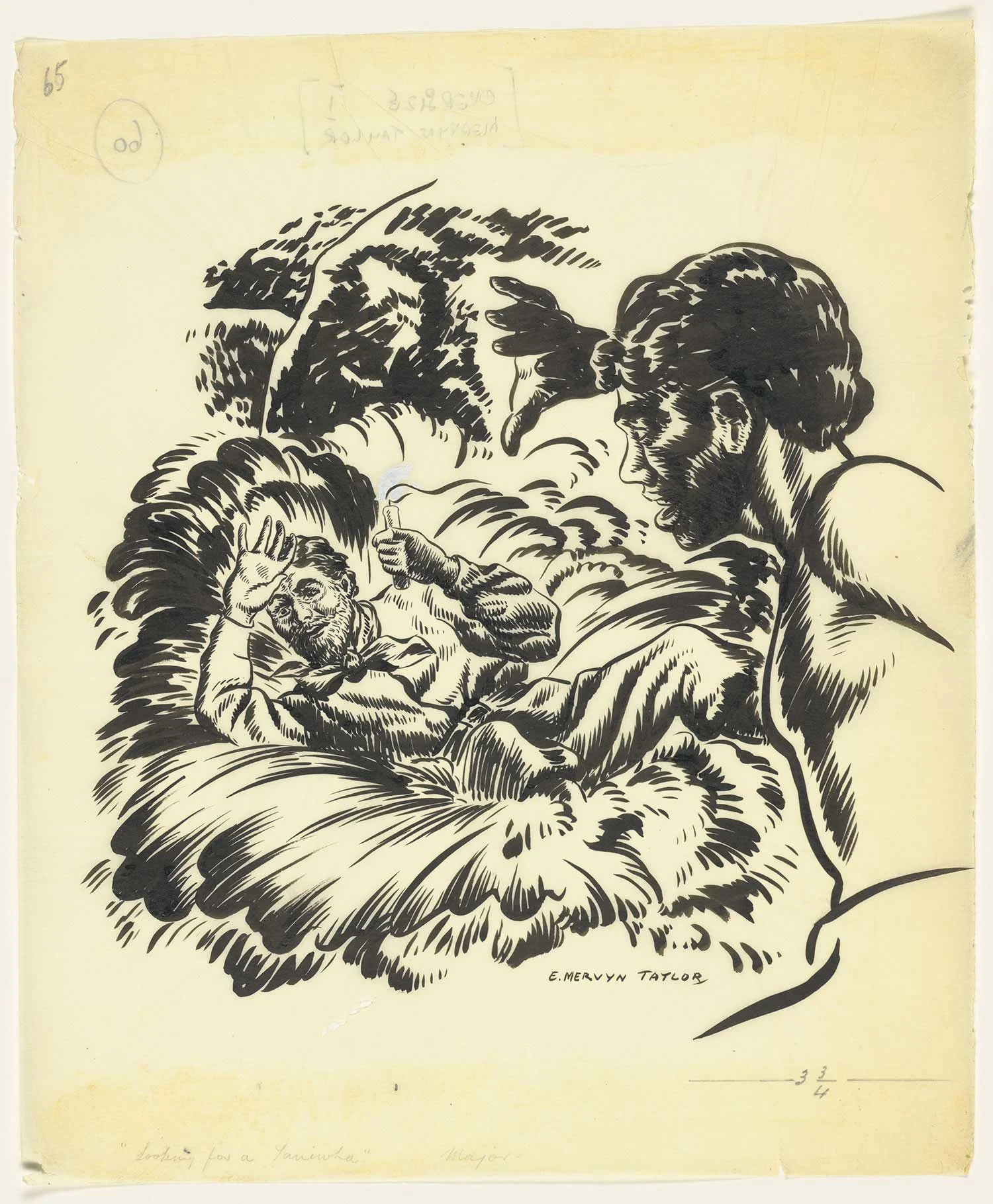 Black print on an old yellowed paper showing a man sleeping on the grass and another man standing on the right