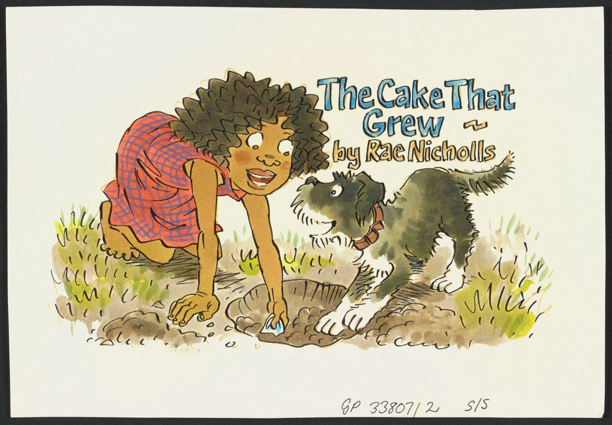 Coloured illustration of a girl with short curly hair digging a hole in the ground, a dog stands next to her.   
