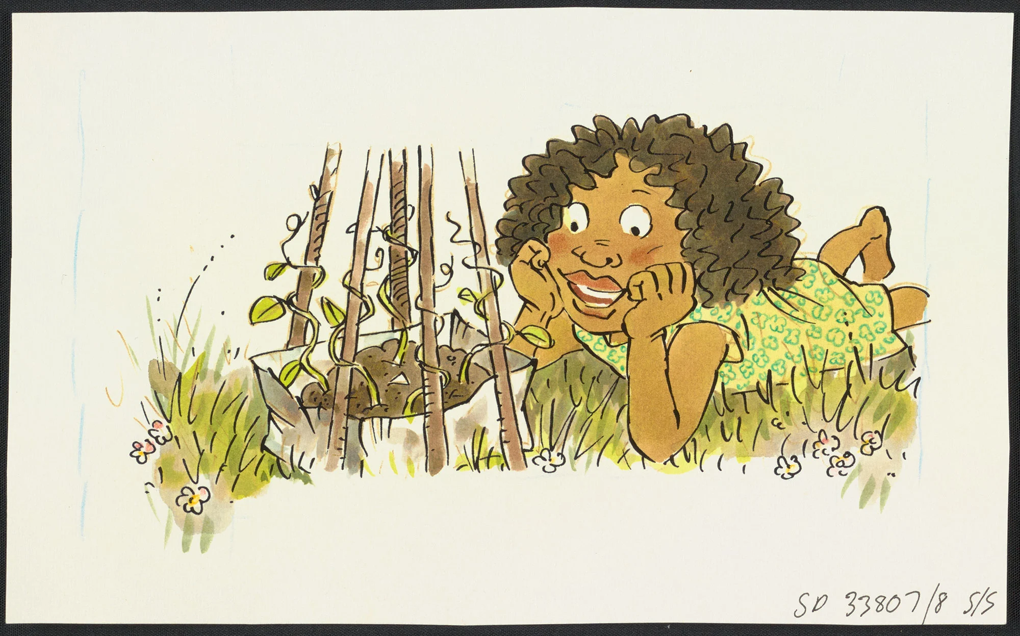 Coloured illustration of a girl with short curly hair lying on the ground and looking amused at a box of saplings 