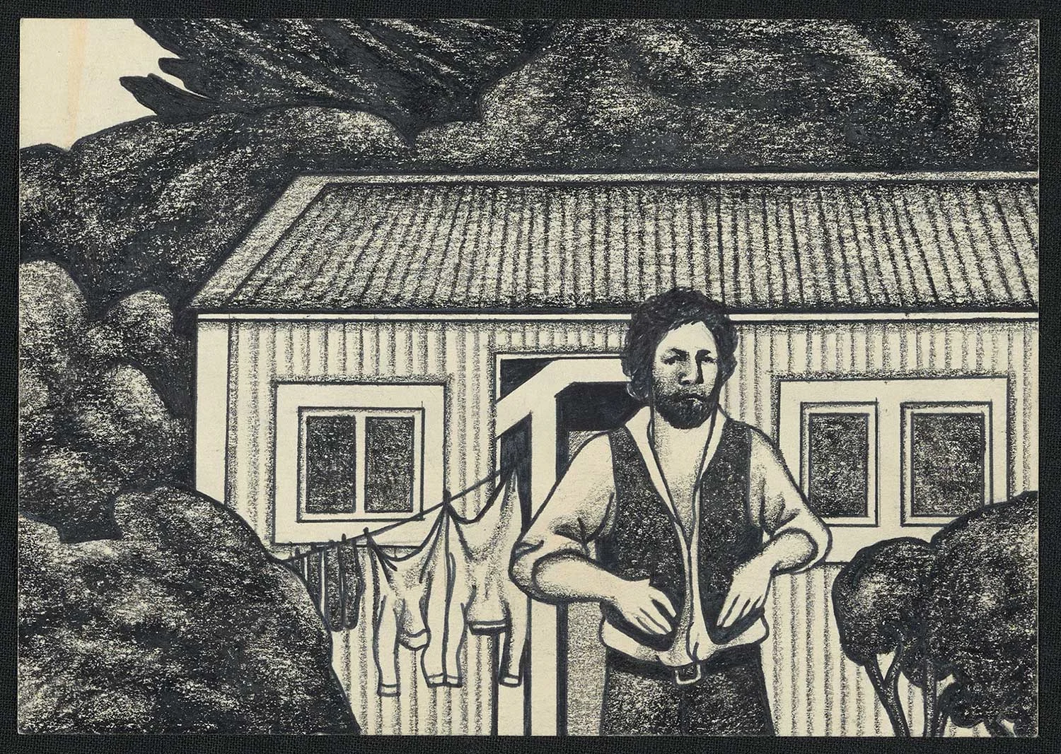 Black and white illustration of a bearded man standing in front of a house, with trees in the background
